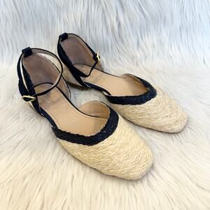 Boden Eva Raffia Sandals Square Toe Ankle Strap Flats, Cream/ Navy Blue